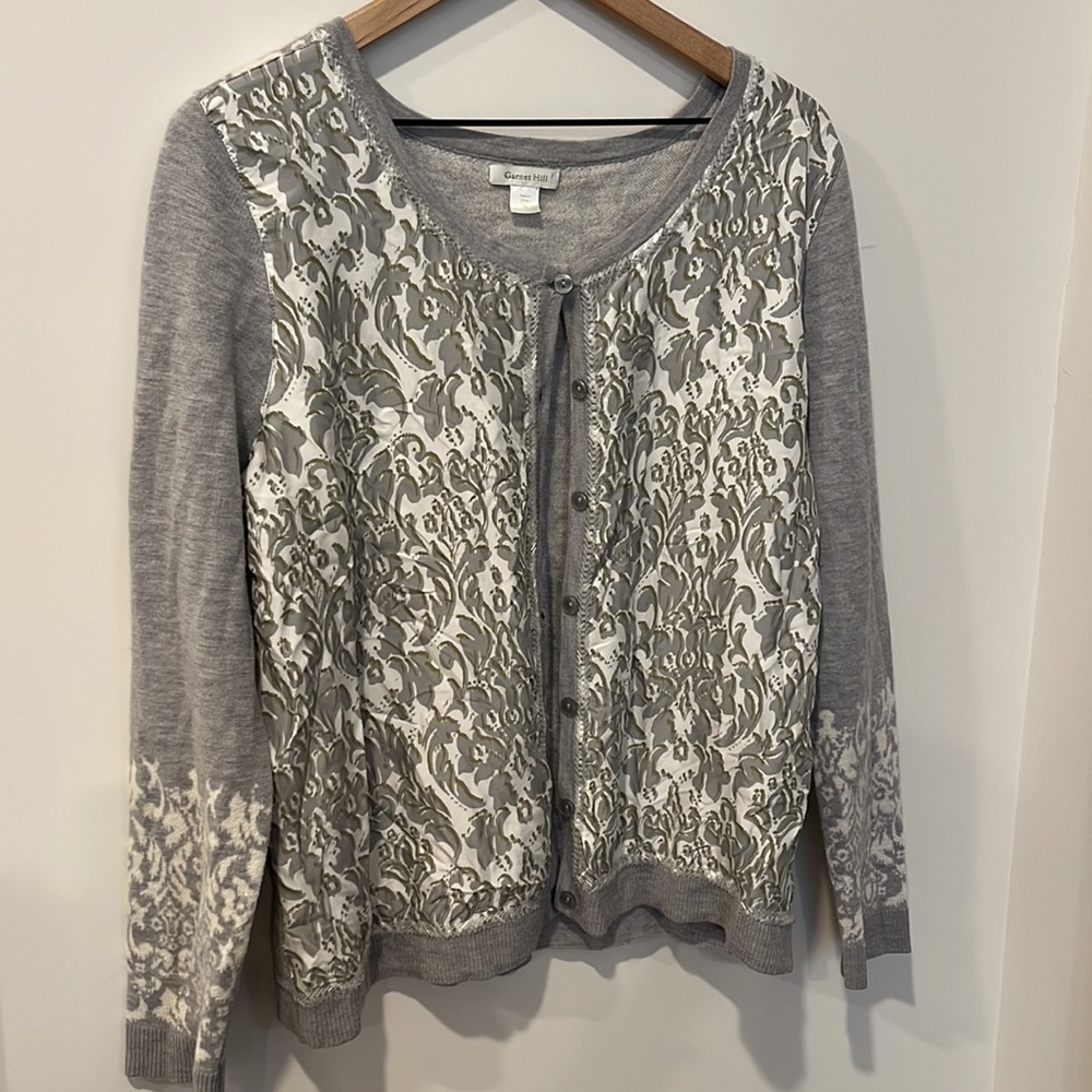 Garnet Hill Gray/White Floral Merino Cardigan Sweater